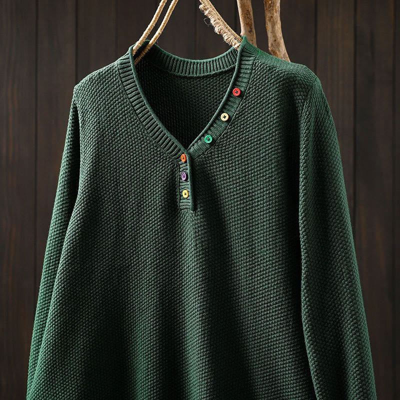 Nimara Ritual Fall Colorful Buttons V-Neck Cotton Women's Long Sleeve Knitted Sweater