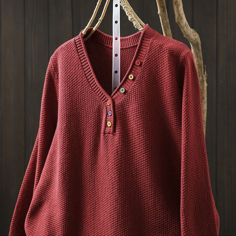 Nimara Ritual Fall Colorful Buttons V-Neck Cotton Women's Long Sleeve Knitted Sweater