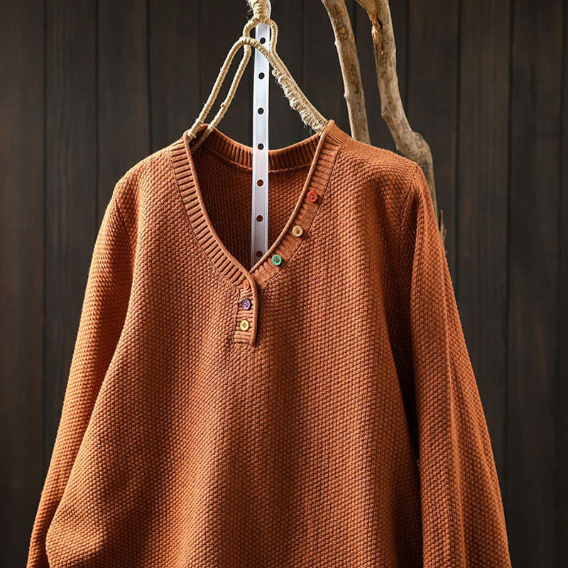 Nimara Ritual Fall Colorful Buttons V-Neck Cotton Women's Long Sleeve Knitted Sweater