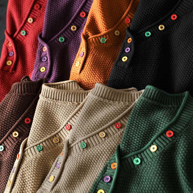 Nimara Ritual Fall Colorful Buttons V-Neck Cotton Women's Long Sleeve Knitted Sweater