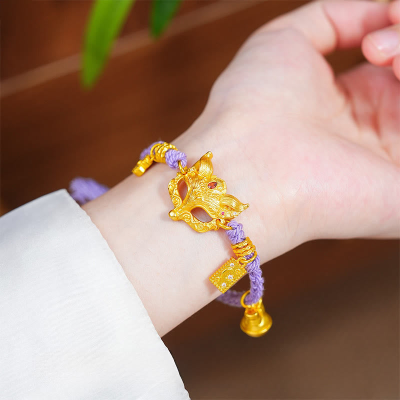 Nimara Ritual 24k Gold Plated Brass Fox Bell Charm Fu Character Woven Purple String Luck Bracelet