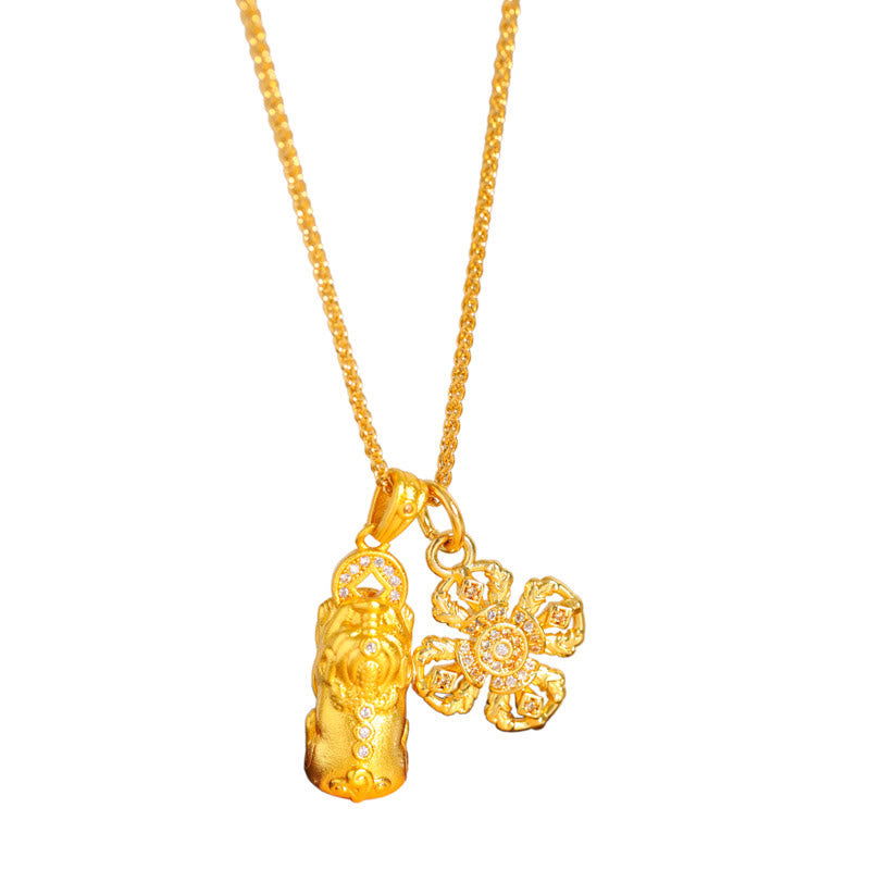 Nimara Ritual 24k Gold Plated Brass Pixiu Cross Dorje Vajra Wealth Chain Pendant Necklace