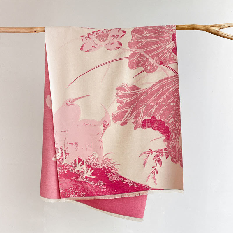 Nimara Ritual Winter Stork Birds Lotus Flowers Leaves Pattern Soft Scarf Shawl