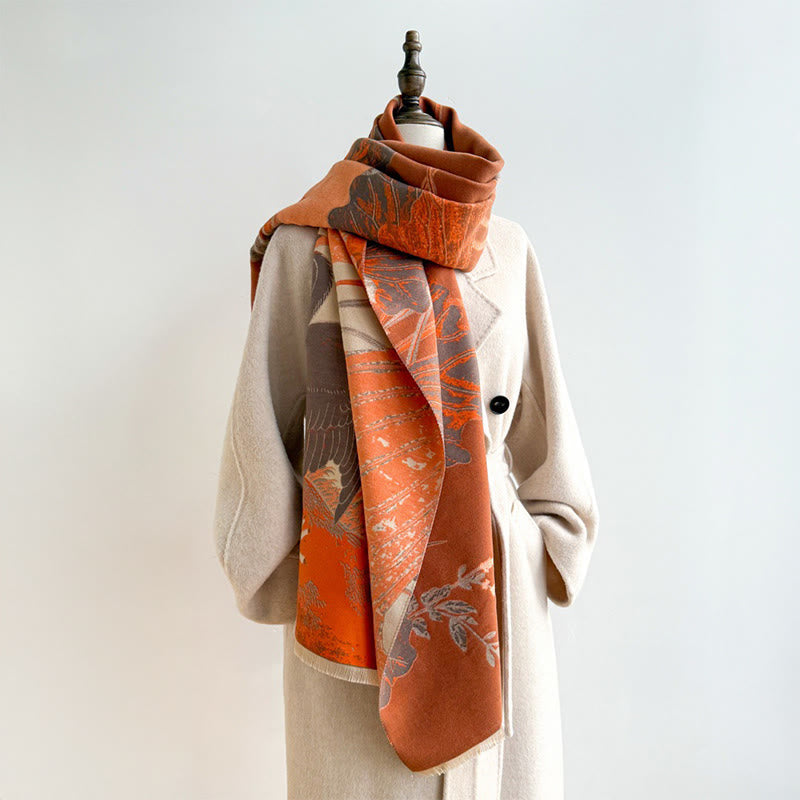 Nimara Ritual Winter Stork Birds Lotus Flowers Leaves Pattern Soft Scarf Shawl