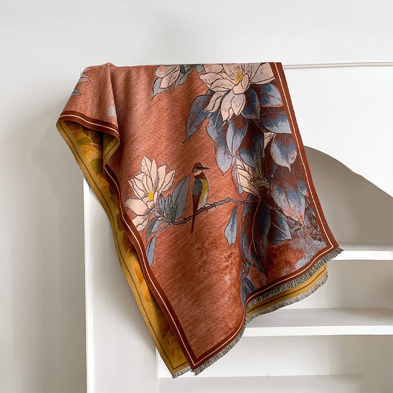 Nimara Ritual Winter White Magnolia Flowers Little Bird Pattern Warm Cozy Scarf Shawl