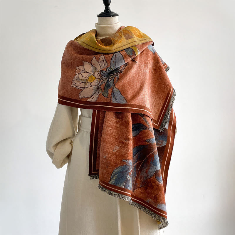 Nimara Ritual Winter White Magnolia Flowers Little Bird Pattern Warm Cozy Scarf Shawl