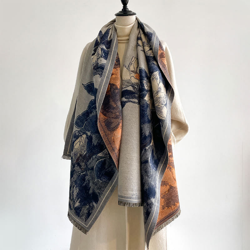Nimara Ritual Winter White Magnolia Flowers Little Bird Pattern Warm Cozy Scarf Shawl