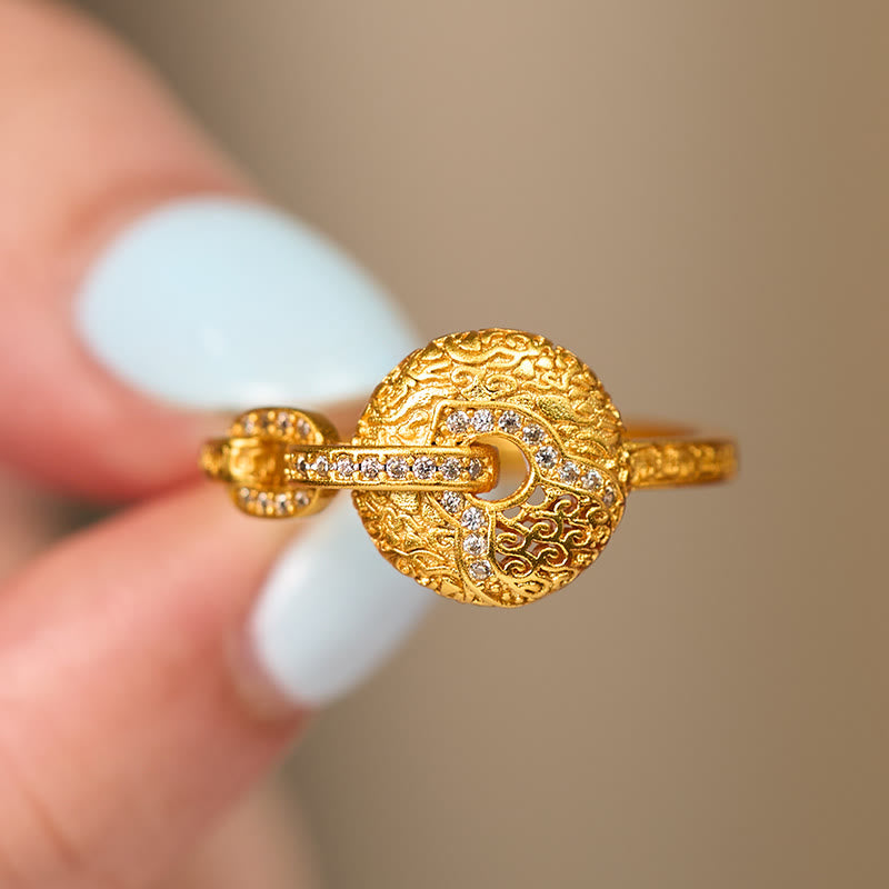 Nimara Ritual 24k Gold Plated Brass Hollow Carved Design Peace Buckle Adjustable Fortune Ring