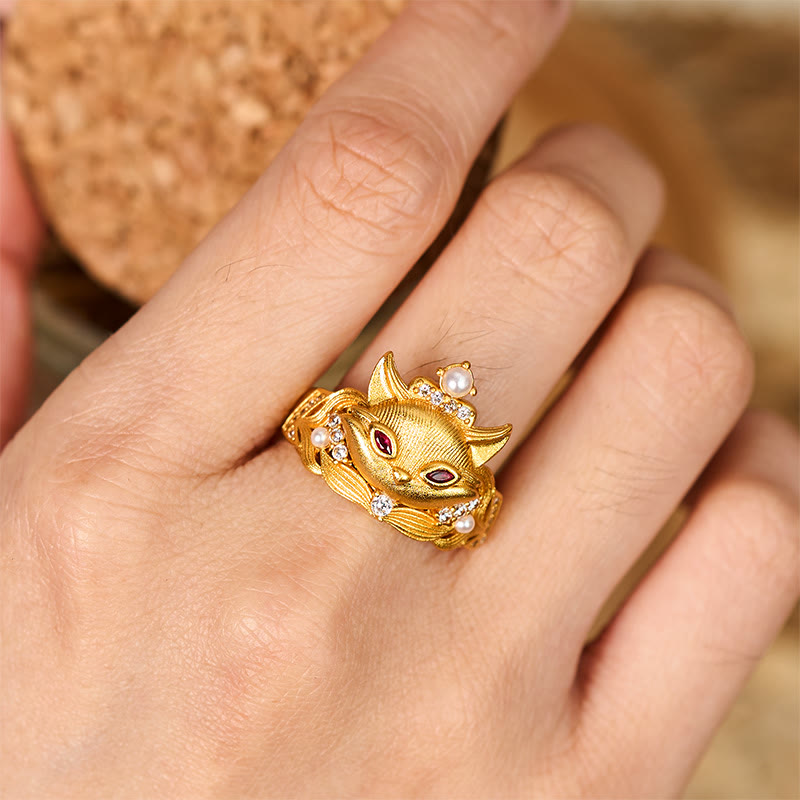 Nimara Ritual Fox Head Design 24k Gold Plated Brass Adjustable Ring