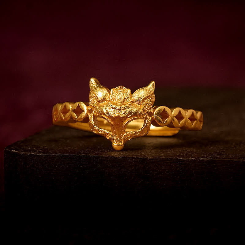 Nimara Ritual 24k Gold Plated Brass Fox Coin Hollow Design Adjustable Ring