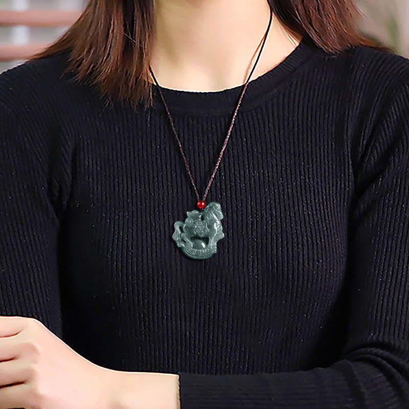 Nimara Ritual Year of the Horse Jade Ingot Luck Prosperity Rope Necklace Pendant