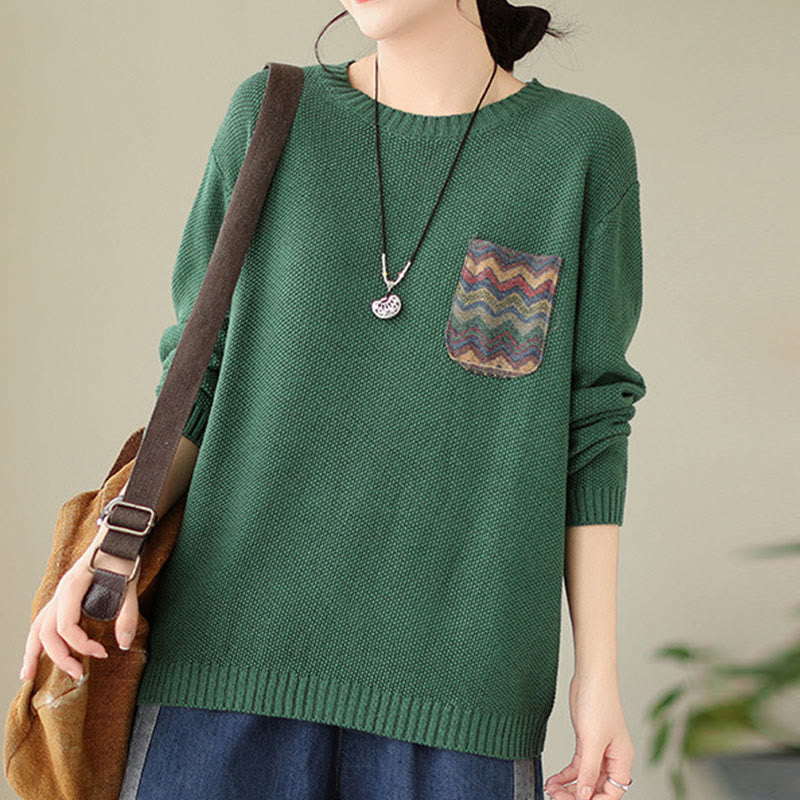 Nimara Ritual Fall Floral Decorative Pocket Pattern Knitted Cotton Women's Long Sleeve Sweater