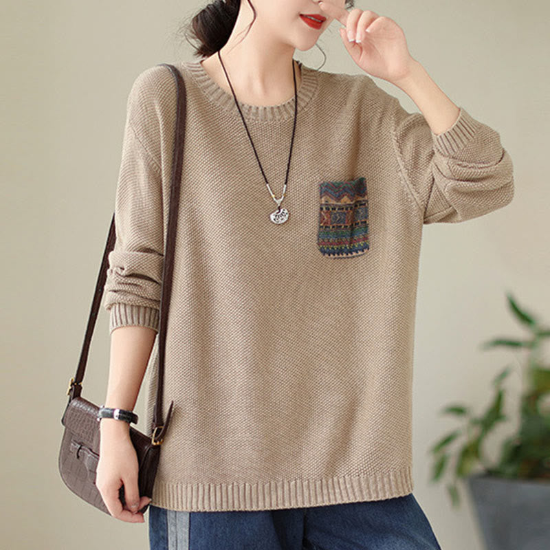 Nimara Ritual Fall Floral Decorative Pocket Pattern Knitted Cotton Women's Long Sleeve Sweater