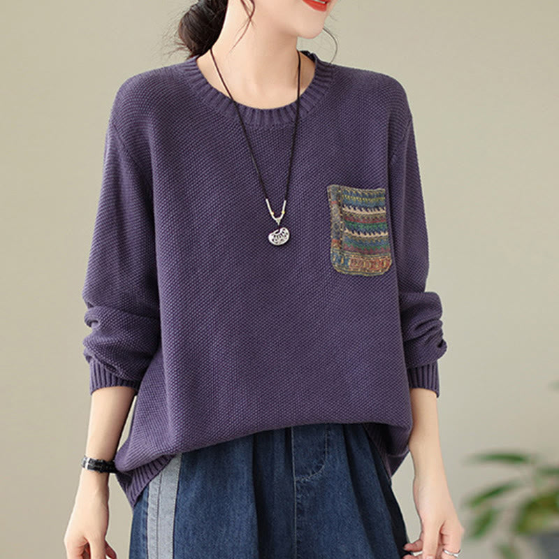Nimara Ritual Fall Floral Decorative Pocket Pattern Knitted Cotton Women's Long Sleeve Sweater