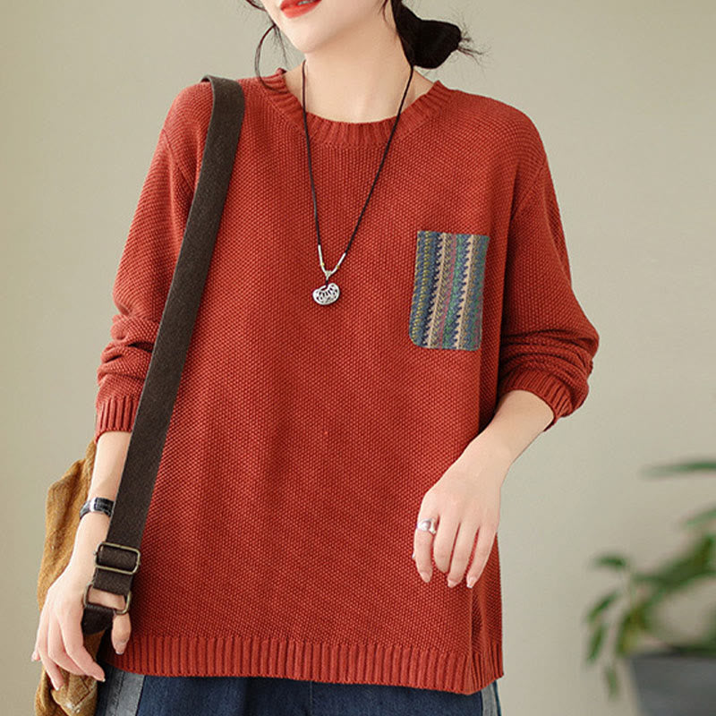 Nimara Ritual Fall Floral Decorative Pocket Pattern Knitted Cotton Women's Long Sleeve Sweater