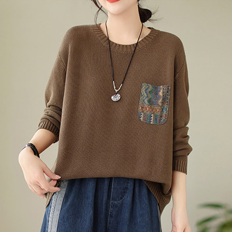 Nimara Ritual Fall Floral Decorative Pocket Pattern Knitted Cotton Women's Long Sleeve Sweater