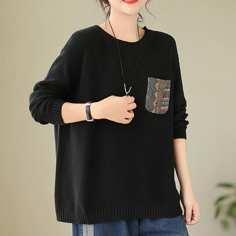 Nimara Ritual Fall Floral Decorative Pocket Pattern Knitted Cotton Women's Long Sleeve Sweater