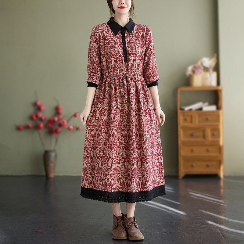 Nimara Ritual Ethnic Printed Drawstring Long Sleeve Cotton Midi Dress With Pockets