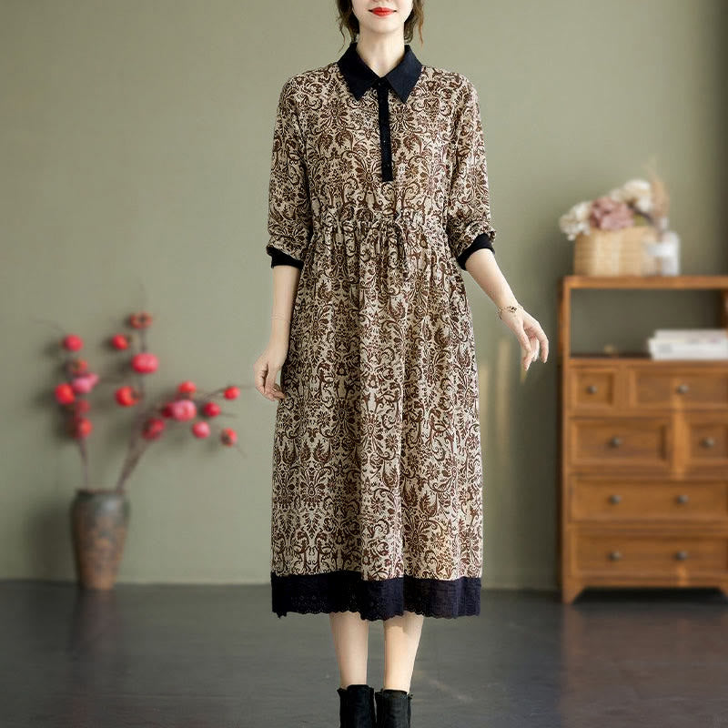 Nimara Ritual Ethnic Printed Drawstring Long Sleeve Cotton Midi Dress With Pockets