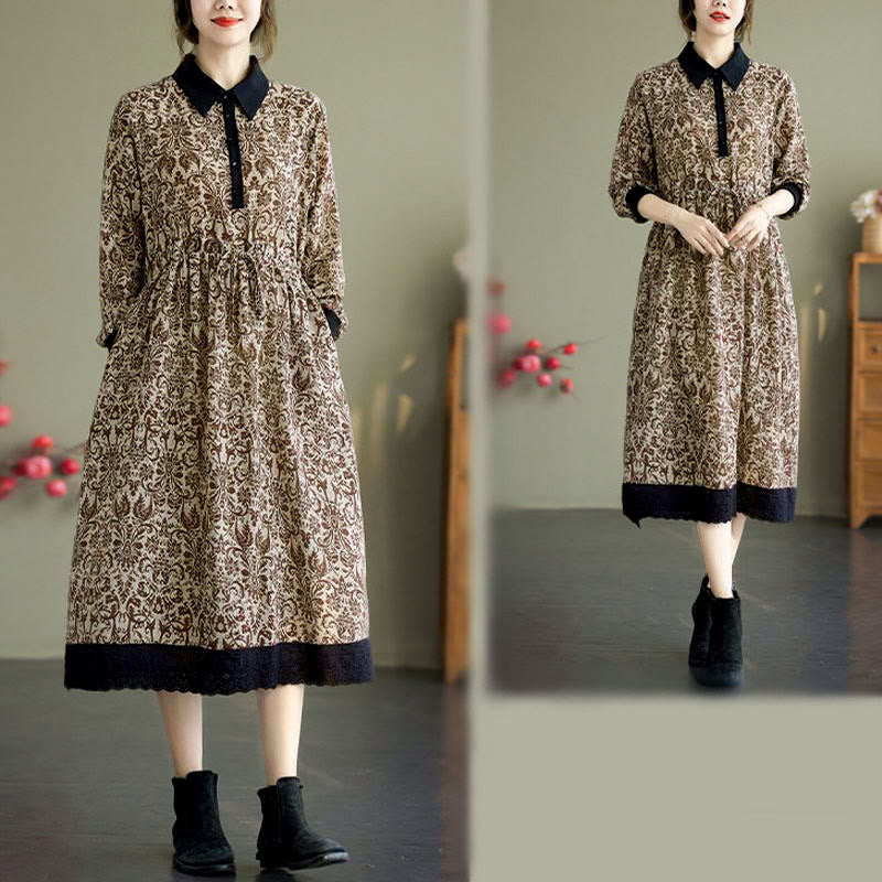 Nimara Ritual Ethnic Printed Drawstring Long Sleeve Cotton Midi Dress With Pockets