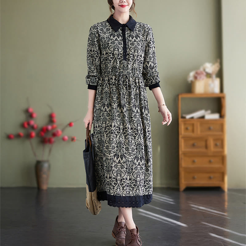 Nimara Ritual Ethnic Printed Drawstring Long Sleeve Cotton Midi Dress With Pockets