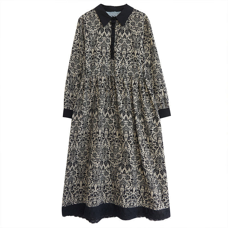 Nimara Ritual Ethnic Printed Drawstring Long Sleeve Cotton Midi Dress With Pockets