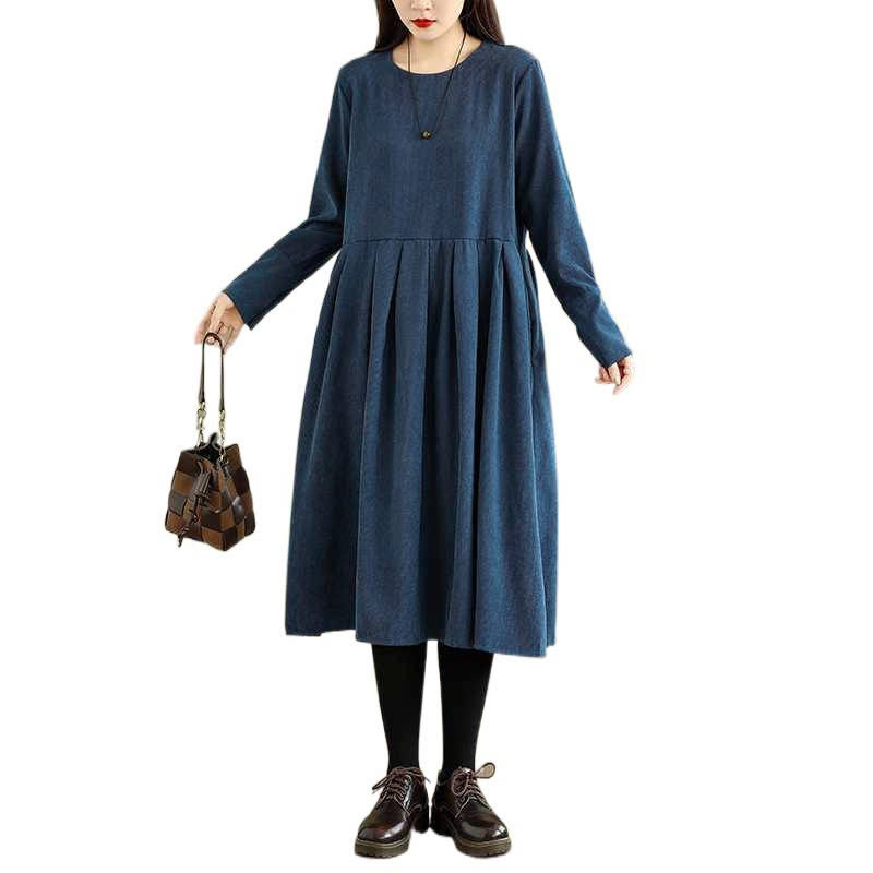 Nimara Ritual Fall Plain DarkBlue Long Sleeve Corduroy Midi Dress With Pockets