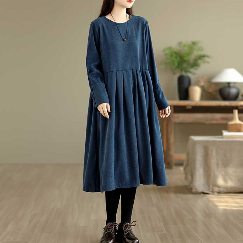 Nimara Ritual Fall Plain DarkBlue Long Sleeve Corduroy Midi Dress With Pockets