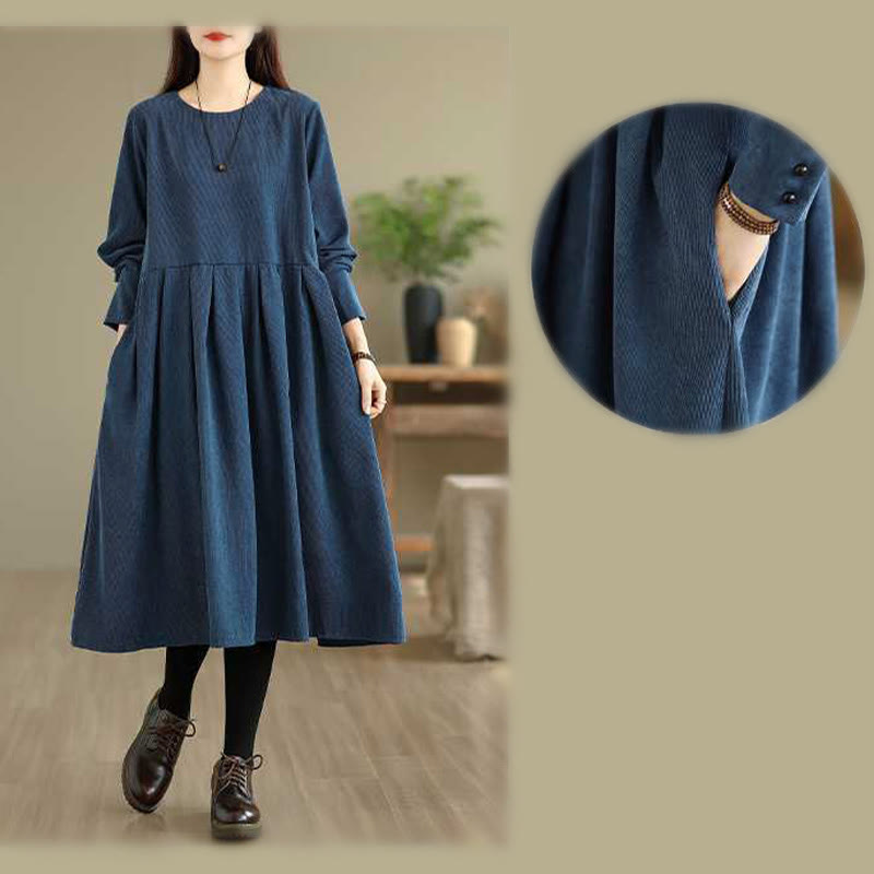 Nimara Ritual Fall Plain DarkBlue Long Sleeve Corduroy Midi Dress With Pockets