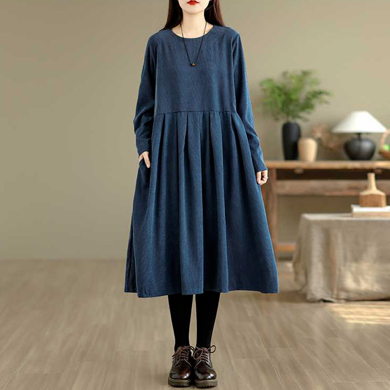 Nimara Ritual Fall Plain DarkBlue Long Sleeve Corduroy Midi Dress With Pockets
