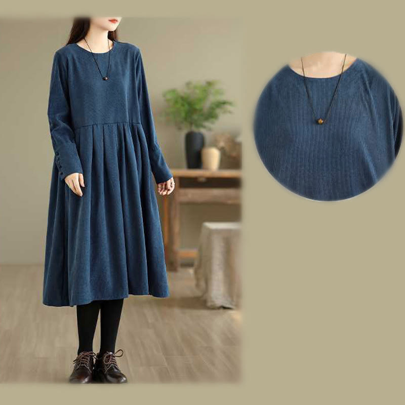Nimara Ritual Fall Plain DarkBlue Long Sleeve Corduroy Midi Dress With Pockets