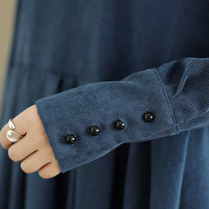 Nimara Ritual Fall Plain DarkBlue Long Sleeve Corduroy Midi Dress With Pockets