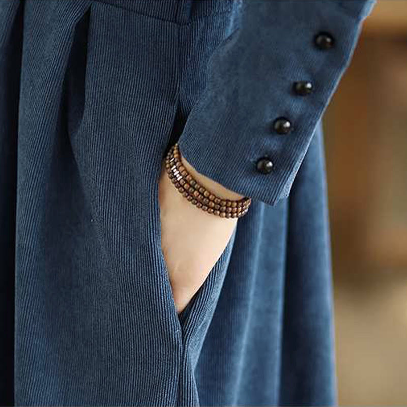 Nimara Ritual Fall Plain DarkBlue Long Sleeve Corduroy Midi Dress With Pockets