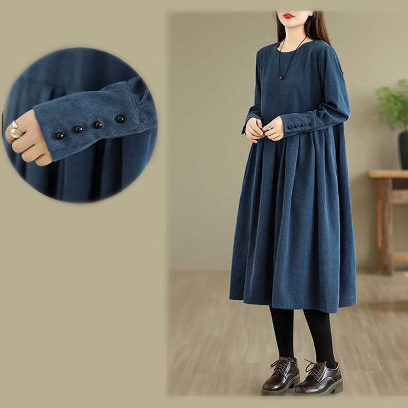 Nimara Ritual Fall Plain DarkBlue Long Sleeve Corduroy Midi Dress With Pockets