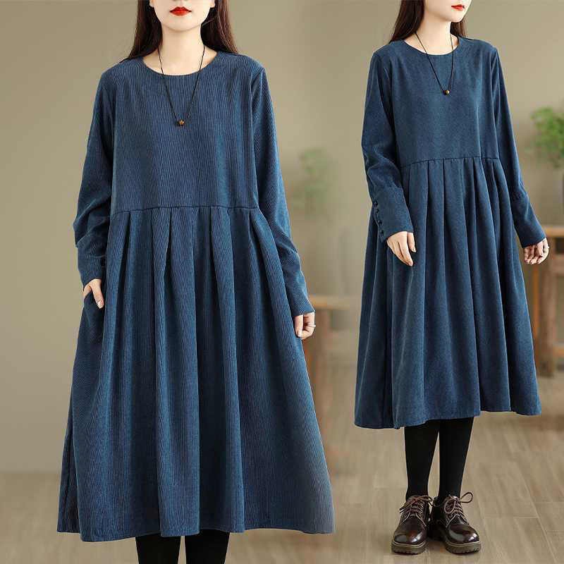 Nimara Ritual Fall Plain DarkBlue Long Sleeve Corduroy Midi Dress With Pockets