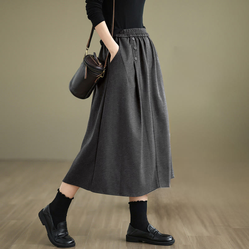 Nimara Ritual Women's Winter Pure Color Cotton 7-8 Length Elastic Waistband Skirt With Pockets