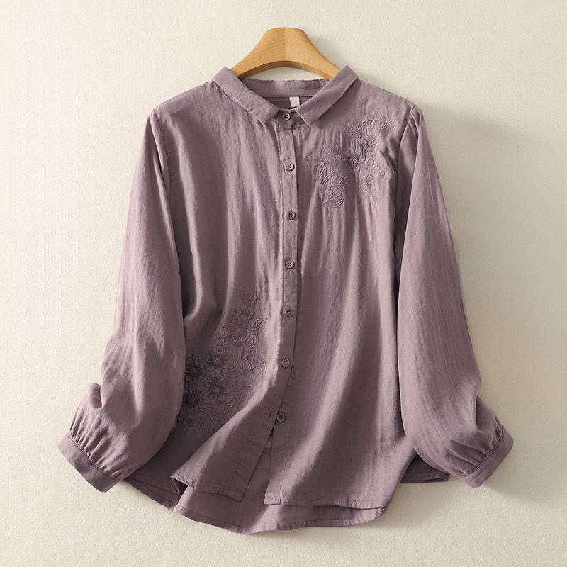 Nimara Ritual Embroidered Flower Vine Pattern Long Sleeve Women's Lapel Shirt
