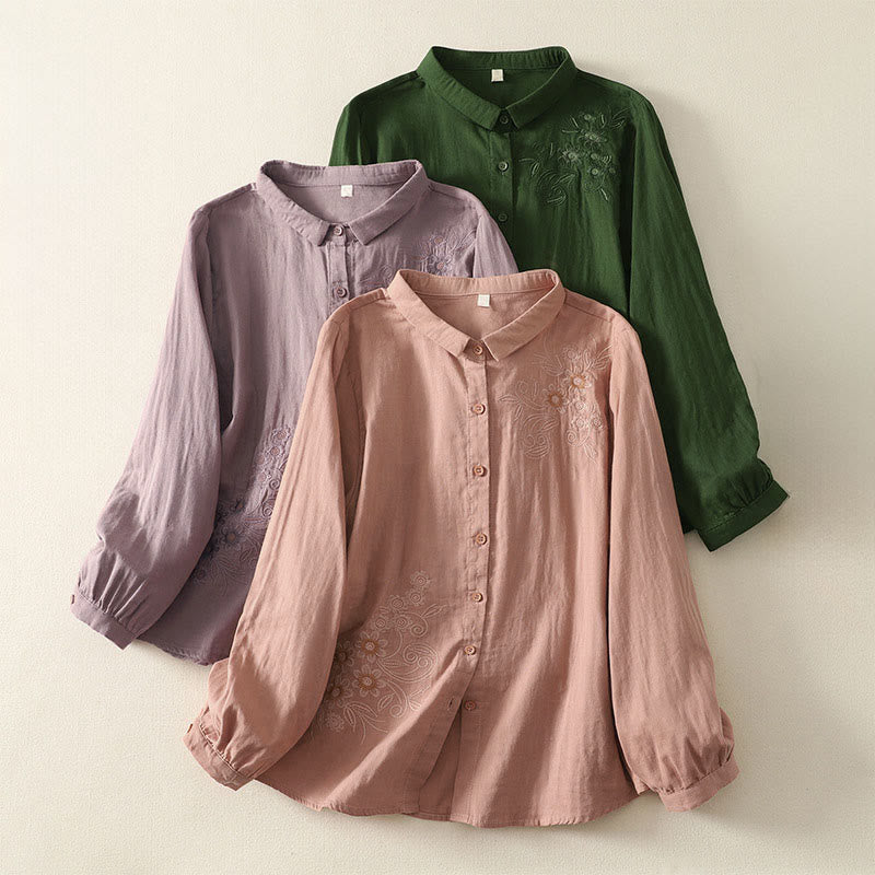 Nimara Ritual Embroidered Flower Vine Pattern Long Sleeve Women's Lapel Shirt