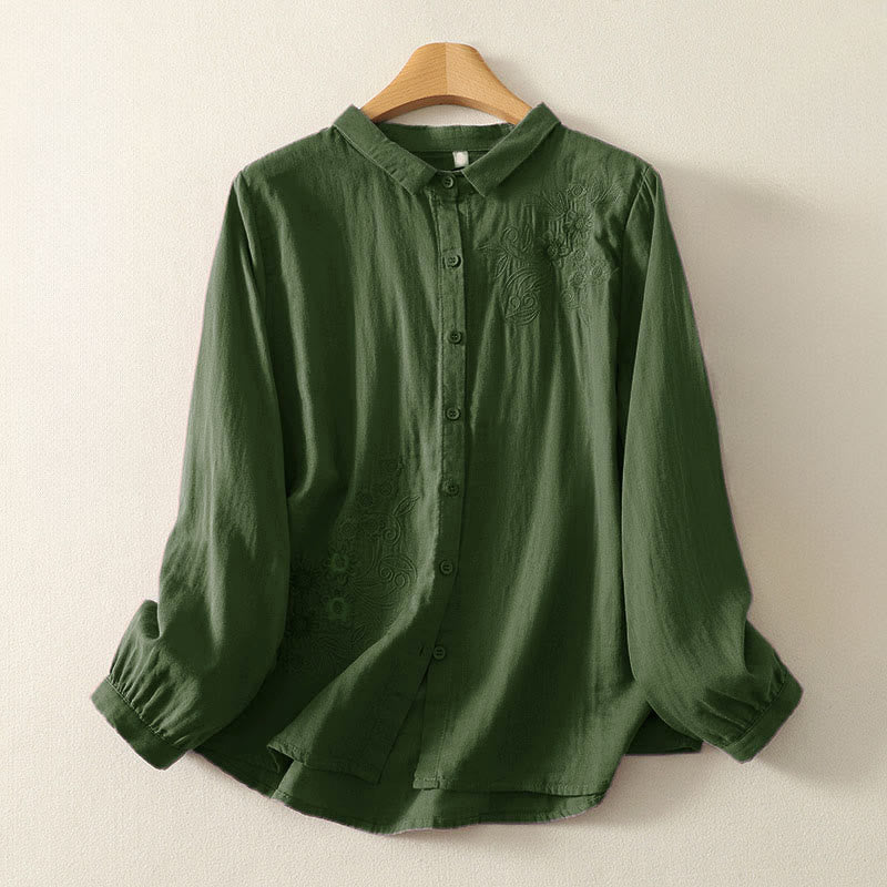 Nimara Ritual Embroidered Flower Vine Pattern Long Sleeve Women's Lapel Shirt