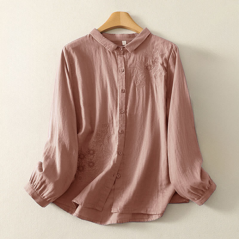 Nimara Ritual Embroidered Flower Vine Pattern Long Sleeve Women's Lapel Shirt