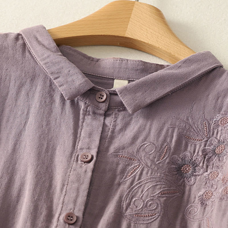 Nimara Ritual Embroidered Flower Vine Pattern Long Sleeve Women's Lapel Shirt
