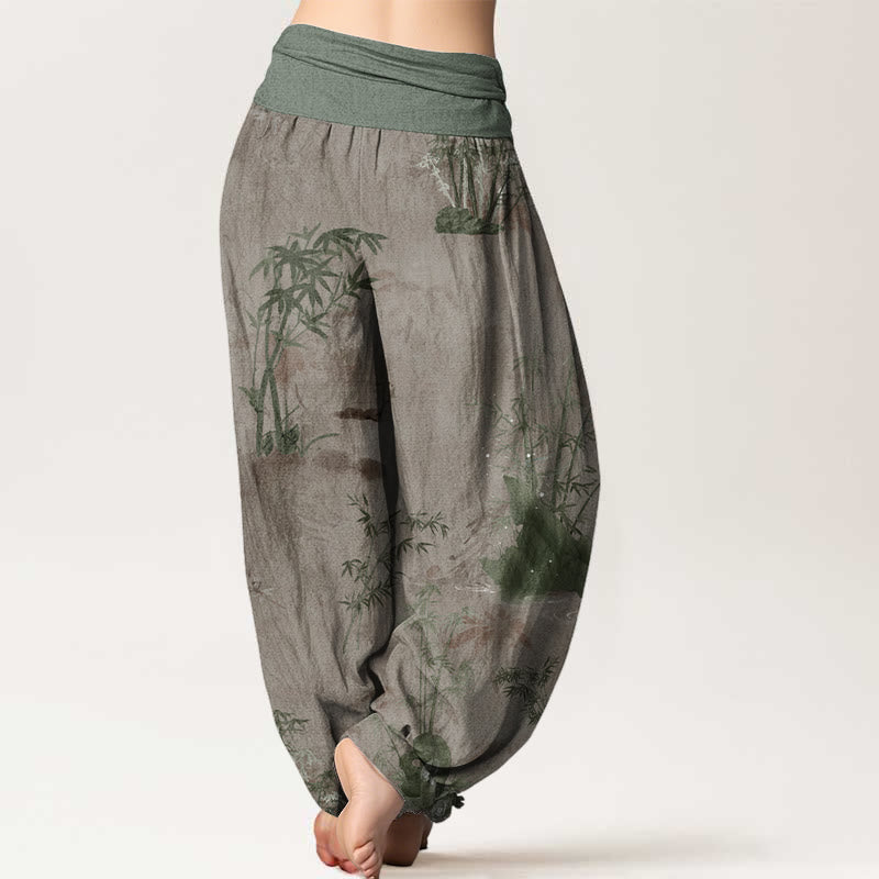 Nimara Ritual Cotton Casual Bamboo Rock Ink Painting Women's Elastic Waist Harem Pants