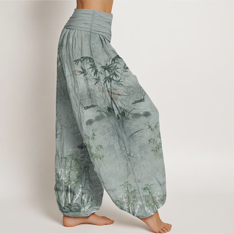 Nimara Ritual Cotton Casual Bamboo Rock Ink Painting Women's Elastic Waist Harem Pants