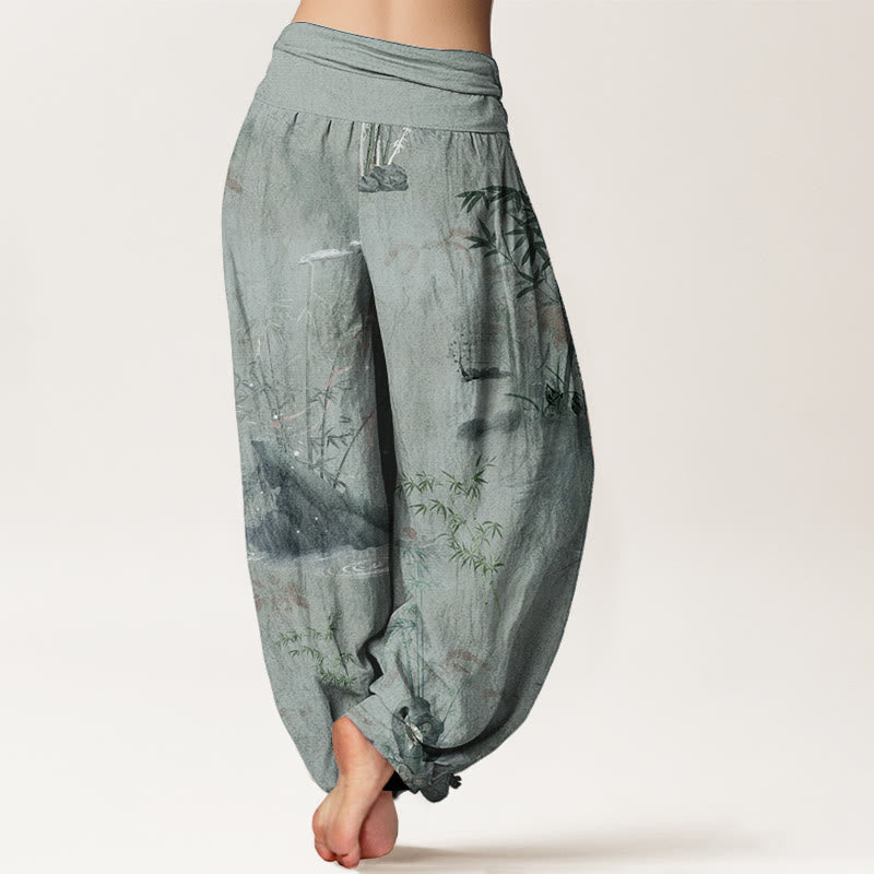Nimara Ritual Cotton Casual Bamboo Rock Ink Painting Women's Elastic Waist Harem Pants