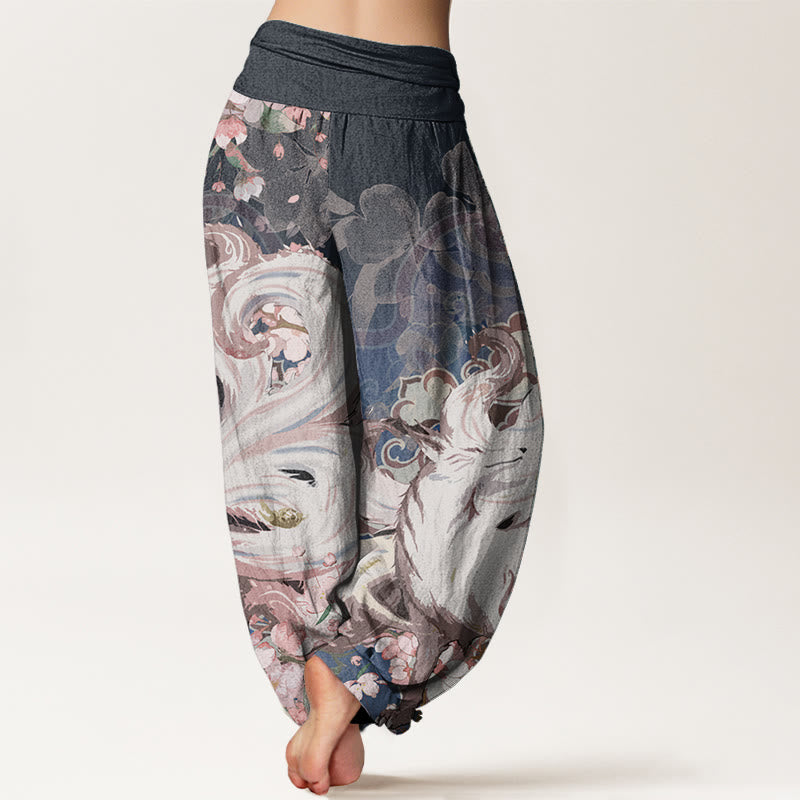 Nimara Ritual Cotton Fox Cherry Blossoms Women's Elastic Waist Harem Pants