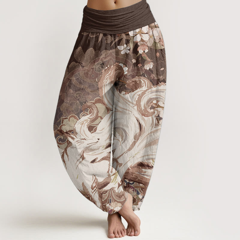 Nimara Ritual Cotton Fox Cherry Blossoms Women's Elastic Waist Harem Pants