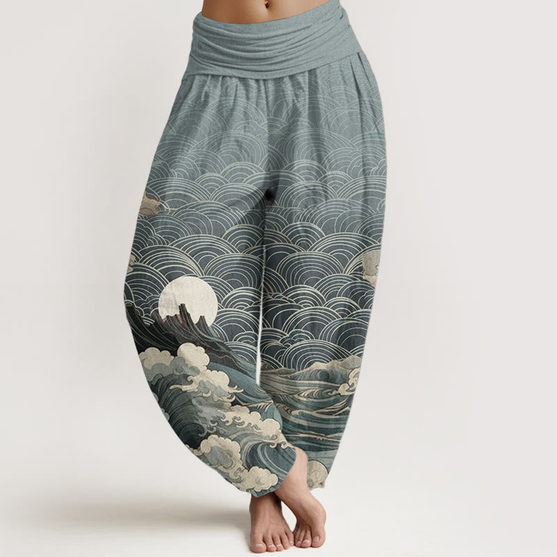 Nimara Ritual Cotton Casual Wave Moon Mountain Pattern Women's Elastic Waist Harem Pants