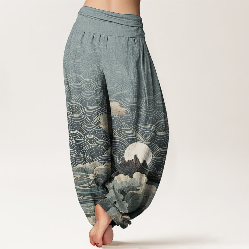 Nimara Ritual Cotton Casual Wave Moon Mountain Pattern Women's Elastic Waist Harem Pants