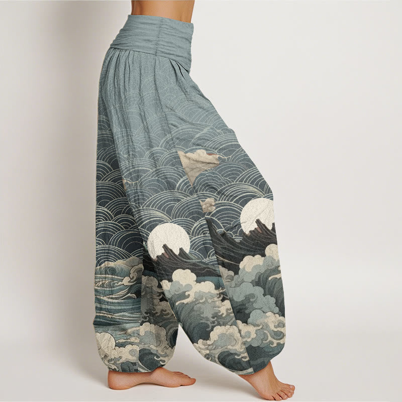 Nimara Ritual Cotton Casual Wave Moon Mountain Pattern Women's Elastic Waist Harem Pants