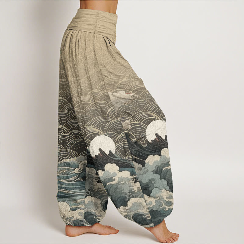 Nimara Ritual Cotton Casual Wave Moon Mountain Pattern Women's Elastic Waist Harem Pants